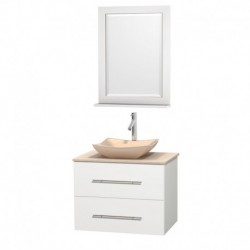 30 inch Single Bathroom Vanity in Matte White, Ivory Marble Countertop, Avalon Ivory Marble Sink, and 24 inch Mirror