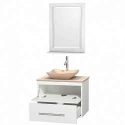 30 inch Single Bathroom Vanity in Matte White, Ivory Marble Countertop, Avalon Ivory Marble Sink, and 24 inch Mirror