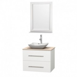 30 inch Single Bathroom Vanity in Matte White, Ivory Marble Countertop, Avalon White Carrera Marble Sink, and 24 inch Mirror