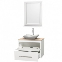 30 inch Single Bathroom Vanity in Matte White, Ivory Marble Countertop, Avalon White Carrera Marble Sink, and 24 inch Mirror