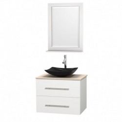 30 inch Single Bathroom Vanity in Matte White, Ivory Marble Countertop, Arista Black Granite Sink, and 24 inch Mirror