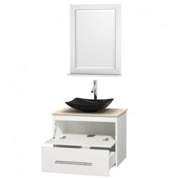 30 inch Single Bathroom Vanity in Matte White, Ivory Marble Countertop, Arista Black Granite Sink, and 24 inch Mirror