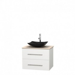 30 inch Single Bathroom Vanity in Matte White, Ivory Marble Countertop, Arista Black Granite Sink, and No Mirror