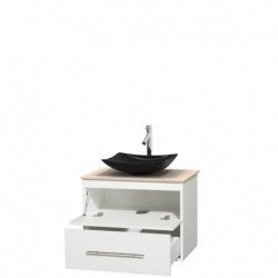 30 inch Single Bathroom Vanity in Matte White, Ivory Marble Countertop, Arista Black Granite Sink, and No Mirror