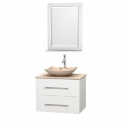 30 inch Single Bathroom Vanity in Matte White, Ivory Marble Countertop, Arista Ivory Marble Sink, and 24 inch Mirror