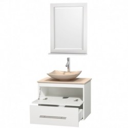 30 inch Single Bathroom Vanity in Matte White, Ivory Marble Countertop, Arista Ivory Marble Sink, and 24 inch Mirror