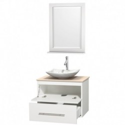 30 inch Single Bathroom Vanity in Matte White, Ivory Marble Countertop, Arista White Carrera Marble Sink, and 24 inch Mirror