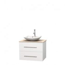 30 inch Single Bathroom Vanity in Matte White, Ivory Marble Countertop, Arista White Carrera Marble Sink, and No Mirror