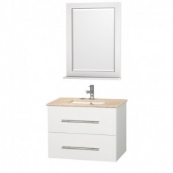 30 inch Single Bathroom Vanity in Matte White, Ivory Marble Countertop, Square Porcelain Undermount Sink, and 24 inch Mirror