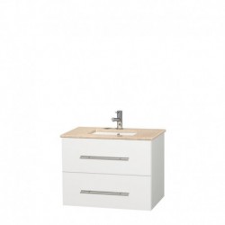 30 inch Single Bathroom Vanity in Matte White, Ivory Marble Countertop, Undermount Square Sink, and No Mirror
