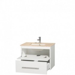 30 inch Single Bathroom Vanity in Matte White, Ivory Marble Countertop, Undermount Square Sink, and No Mirror