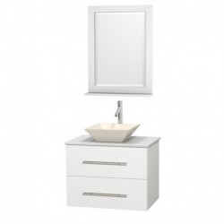 30 inch Single Bathroom Vanity in Matte White, White Man-Made Stone Countertop, Pyra Bone Porcelain Sink, and 24 inch Mirror