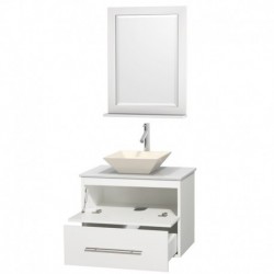 30 inch Single Bathroom Vanity in Matte White, White Man-Made Stone Countertop, Pyra Bone Porcelain Sink, and 24 inch Mirror
