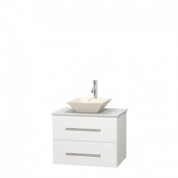 30 inch Single Bathroom Vanity in Matte White, White Man-Made Stone Countertop, Pyra Bone Porcelain Sink, and No Mirror