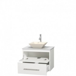 30 inch Single Bathroom Vanity in Matte White, White Man-Made Stone Countertop, Pyra Bone Porcelain Sink, and No Mirror