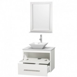 30 inch Single Bathroom Vanity in Matte White, White Man-Made Stone Countertop, Pyra White Porcelain Sink, and 24 inch Mirror
