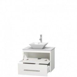 30 inch Single Bathroom Vanity in Matte White, White Man-Made Stone Countertop, Pyra White Porcelain Sink, and No Mirror