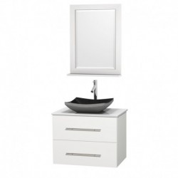 30 inch Single Bathroom Vanity in Matte White, White Man-Made Stone Countertop, Altair Black Granite Sink, and 24 inch Mirror
