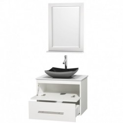 30 inch Single Bathroom Vanity in Matte White, White Man-Made Stone Countertop, Altair Black Granite Sink, and 24 inch Mirror