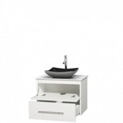 30 inch Single Bathroom Vanity in Matte White, White Man-Made Stone Countertop, Altair Black Granite Sink, and No Mirror