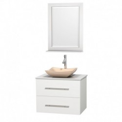 30 inch Single Bathroom Vanity in Matte White, White Man-Made Stone Countertop, Avalon Ivory Marble Sink, and 24 inch Mirror
