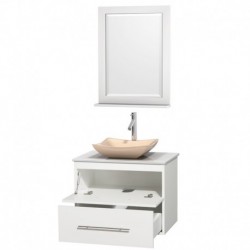 30 inch Single Bathroom Vanity in Matte White, White Man-Made Stone Countertop, Avalon Ivory Marble Sink, and 24 inch Mirror