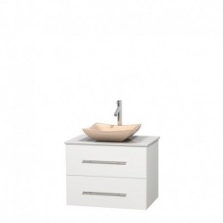30 inch Single Bathroom Vanity in Matte White, White Man-Made Stone Countertop, Avalon Ivory Marble Sink, and No Mirror