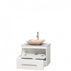 30 inch Single Bathroom Vanity in Matte White, White Man-Made Stone Countertop, Avalon Ivory Marble Sink, and No Mirror