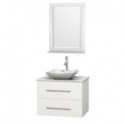 30 inch Single Bathroom Vanity in Matte White, White Man-Made Stone Countertop, Avalon White Carrera Marble Sink, and 24 inch M