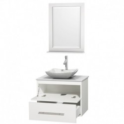 30 inch Single Bathroom Vanity in Matte White, White Man-Made Stone Countertop, Avalon White Carrera Marble Sink, and 24 inch M