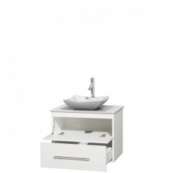 30 inch Single Bathroom Vanity in Matte White, White Man-Made Stone Countertop, Avalon White Carrera Marble Sink, and No Mirror
