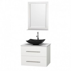 30 inch Single Bathroom Vanity in Matte White, White Man-Made Stone Countertop, Arista Black Granite Sink, and 24 inch Mirror