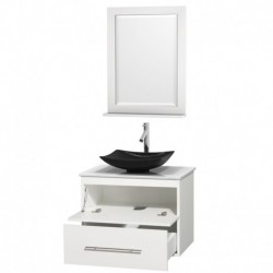 30 inch Single Bathroom Vanity in Matte White, White Man-Made Stone Countertop, Arista Black Granite Sink, and 24 inch Mirror