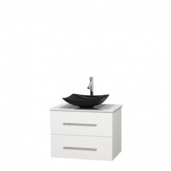 30 inch Single Bathroom Vanity in Matte White, White Man-Made Stone Countertop, Arista Black Granite Sink, and No Mirror