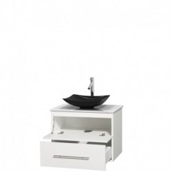 30 inch Single Bathroom Vanity in Matte White, White Man-Made Stone Countertop, Arista Black Granite Sink, and No Mirror