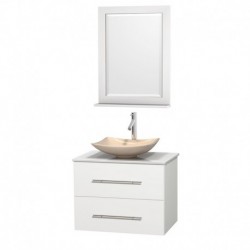 30 inch Single Bathroom Vanity in Matte White, White Man-Made Stone Countertop, Arista Ivory Marble Sink, and 24 inch Mirror