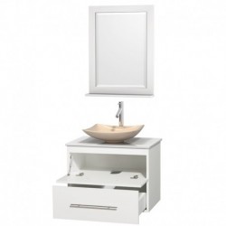 30 inch Single Bathroom Vanity in Matte White, White Man-Made Stone Countertop, Arista Ivory Marble Sink, and 24 inch Mirror