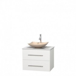 30 inch Single Bathroom Vanity in Matte White, White Man-Made Stone Countertop, Arista Ivory Marble Sink, and No Mirror