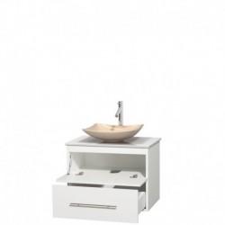 30 inch Single Bathroom Vanity in Matte White, White Man-Made Stone Countertop, Arista Ivory Marble Sink, and No Mirror