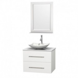 30 inch Single Bathroom Vanity in Matte White, White Man-Made Stone Countertop, Arista White Carrera Marble Sink, and 24 inch M