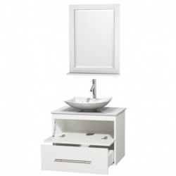 30 inch Single Bathroom Vanity in Matte White, White Man-Made Stone Countertop, Arista White Carrera Marble Sink, and 24 inch M