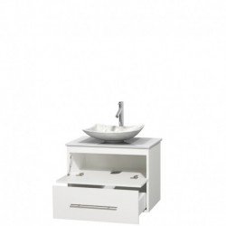 30 inch Single Bathroom Vanity in Matte White, White Man-Made Stone Countertop, Arista White Carrera Marble Sink, and No Mirror