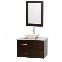 36 inch Single Bathroom Vanity in Espresso, White Carrera Marble Countertop, Pyra Bone Porcelain Sink, and 24 inch Mirror
