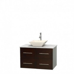 36 inch Single Bathroom Vanity in Espresso, White Carrera Marble Countertop, Pyra Bone Porcelain Sink, and No Mirror