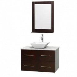 36 inch Single Bathroom Vanity in Espresso, White Carrera Marble Countertop, Pyra White Porcelain Sink, and 24 inch Mirror