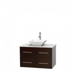 36 inch Single Bathroom Vanity in Espresso, White Carrera Marble Countertop, Pyra White Porcelain Sink, and No Mirror