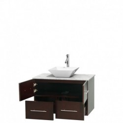 36 inch Single Bathroom Vanity in Espresso, White Carrera Marble Countertop, Pyra White Porcelain Sink, and No Mirror