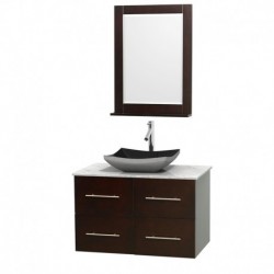 36 inch Single Bathroom Vanity in Espresso, White Carrera Marble Countertop, Altair Black Granite Sink, and 24 inch Mirror