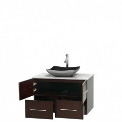 36 inch Single Bathroom Vanity in Espresso, White Carrera Marble Countertop, Altair Black Granite Sink, and No Mirror