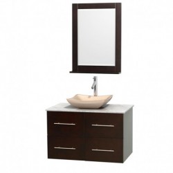 36 inch Single Bathroom Vanity in Espresso, White Carrera Marble Countertop, Avalon Ivory Marble Sink, and 24 inch Mirror